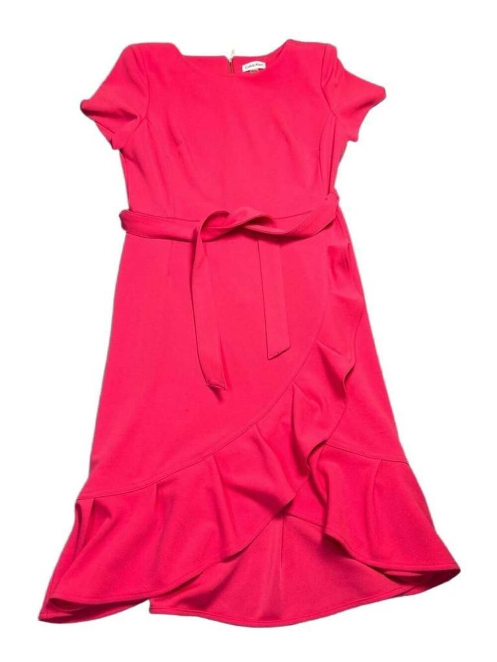 Calvin Klein Women's Short Sleeve Ruffle Skirt Belted Dress Pink
